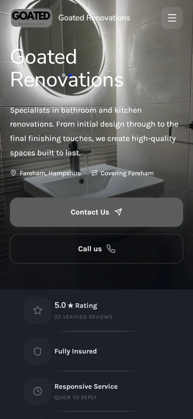 The Goated Renovations homepage on a phone
